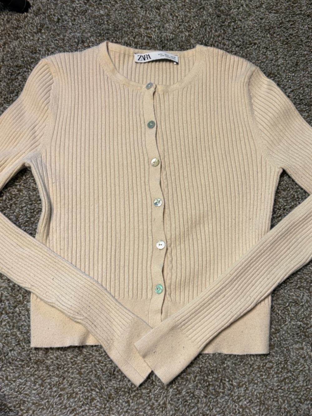 Zara Beige Ribbed Button-Up Cardigan